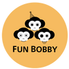 A circular logo featuring three cartoon monkeys with black hair and white faces, one wearing a party hat, above the text 'FUN BOBBY' on a mustard yellow background.